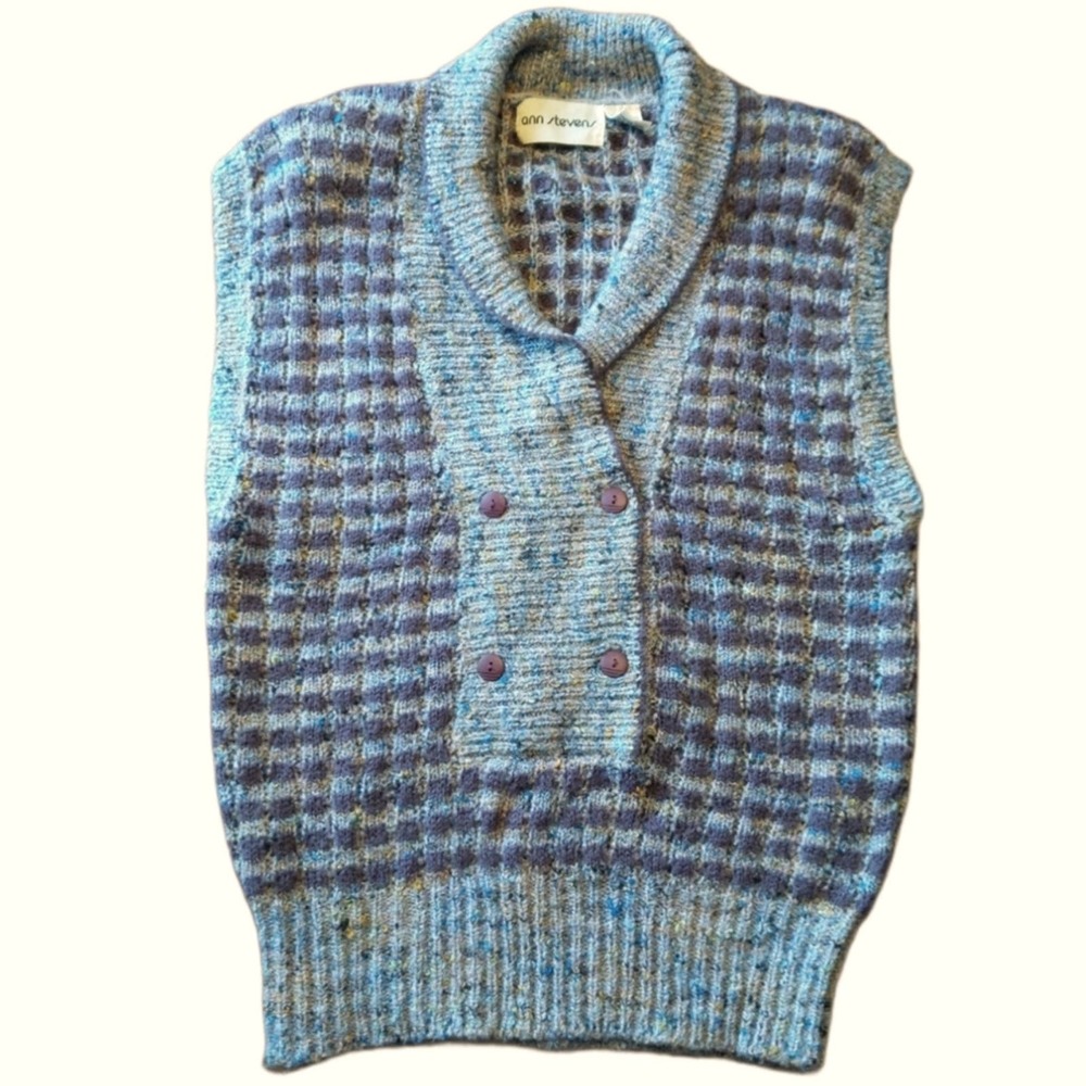 Vintage Ann Stevens 1980s Wool Blend Knit Purple Grey Sleeveless Sweater Small